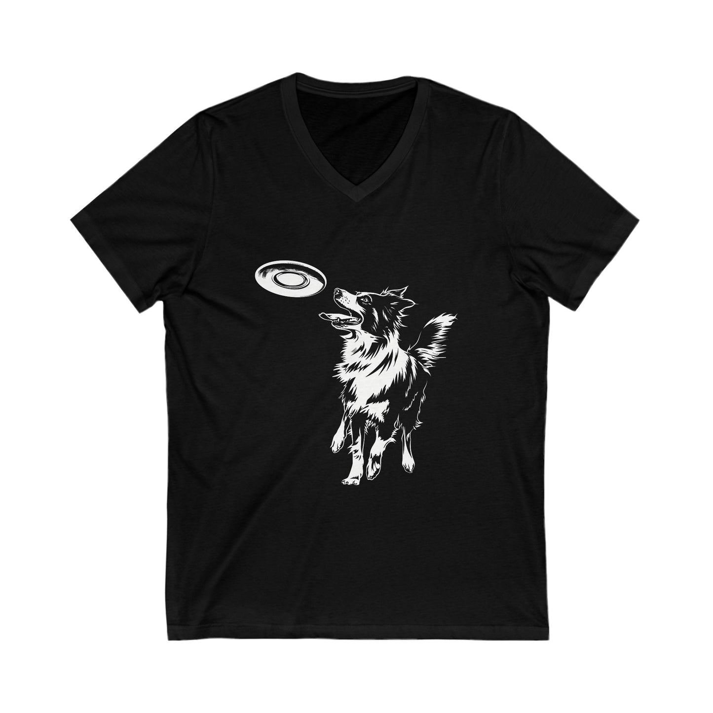 Border Collie Frisbee Disc Dog  - Unisex Jersey Short Sleeve V-Neck Tee